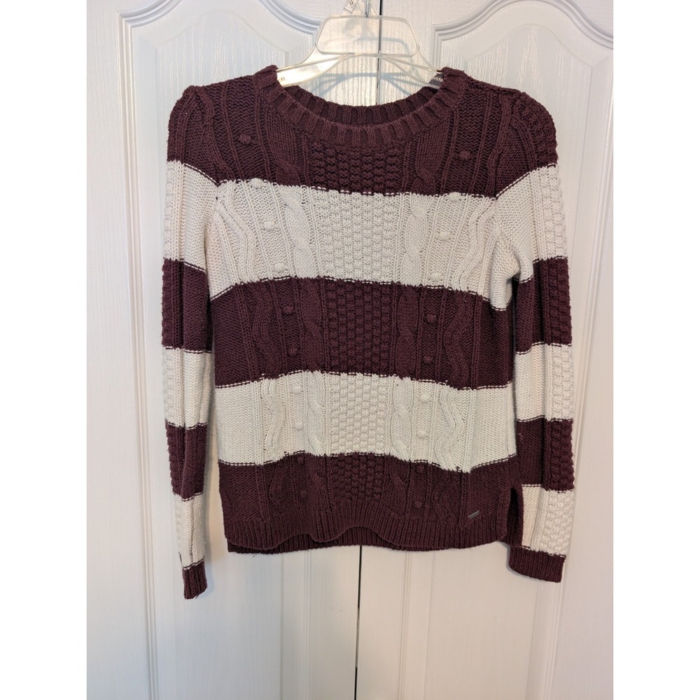 Women's Size Small Hollister Burgundy & White Striped Crew Neck Sweatshirt Knit